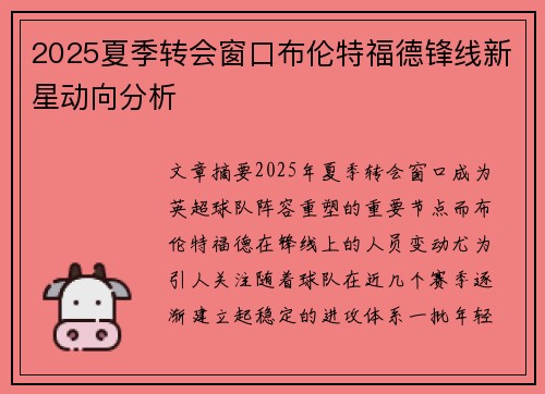 2025夏季转会窗口布伦特福德锋线新星动向分析 2025夏季转会窗口布伦特福德锋线新星动向分析