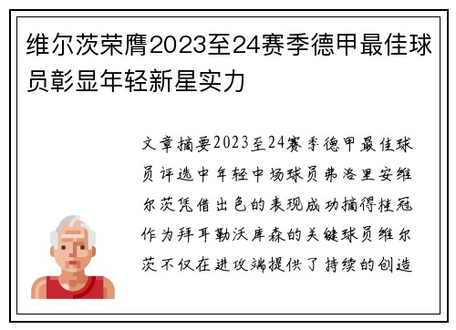 维尔茨荣膺2023至24赛季德甲最佳球员彰显年轻新星实力